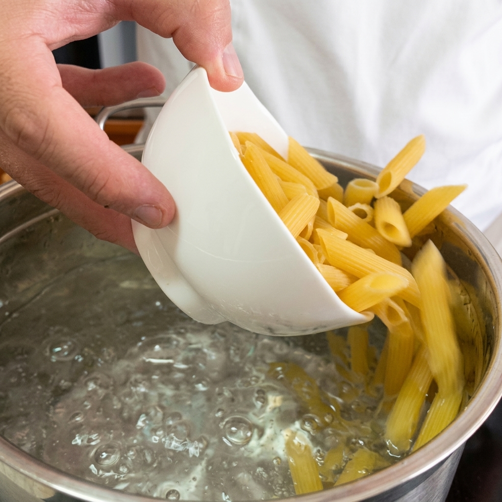 Gekochte Penne werden in einer Pfanne in cremiger Pilzsauce mit Parmesan gewendet.
