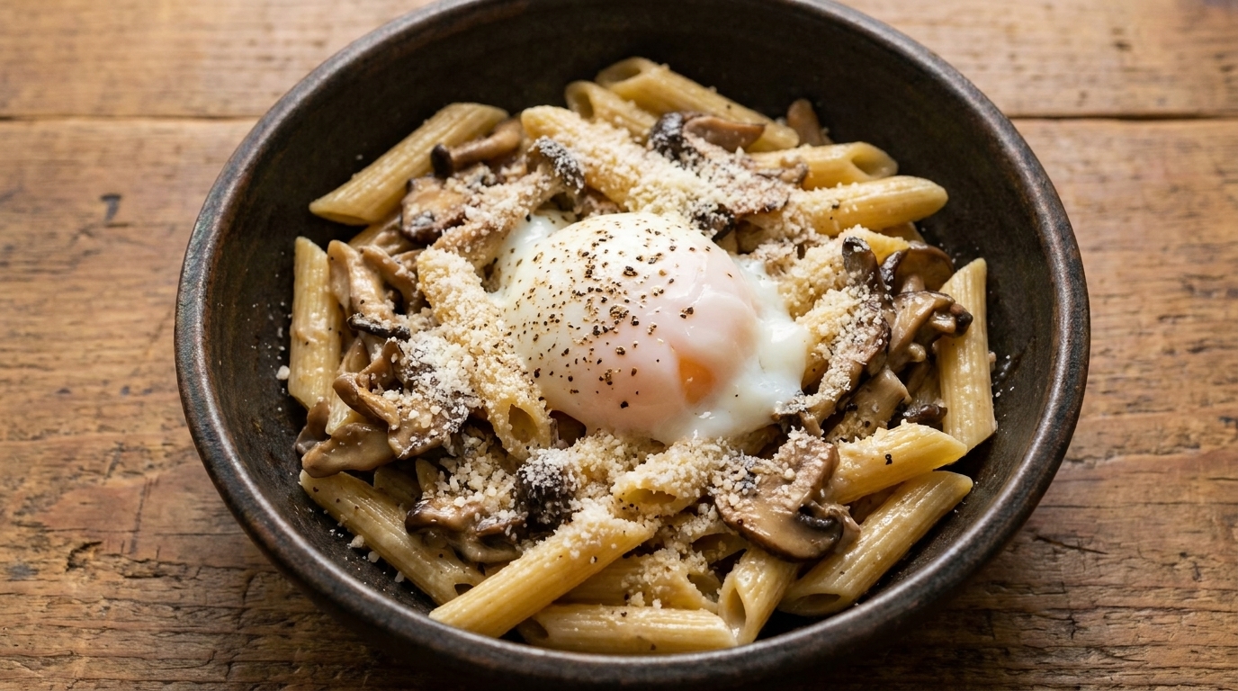 Cremige Pilz-Penne mit Onsen-Ei