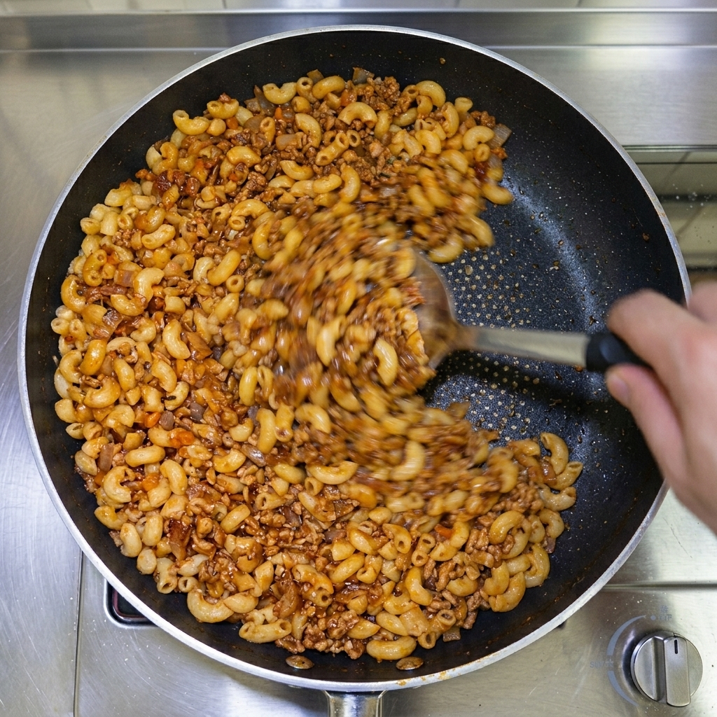 Die gekochte Makkaroni-Gemüse-Mischung wird in einer Pfanne kräftig gewendet und vollständig mit der dunklen Pfeffersauce überzogen.