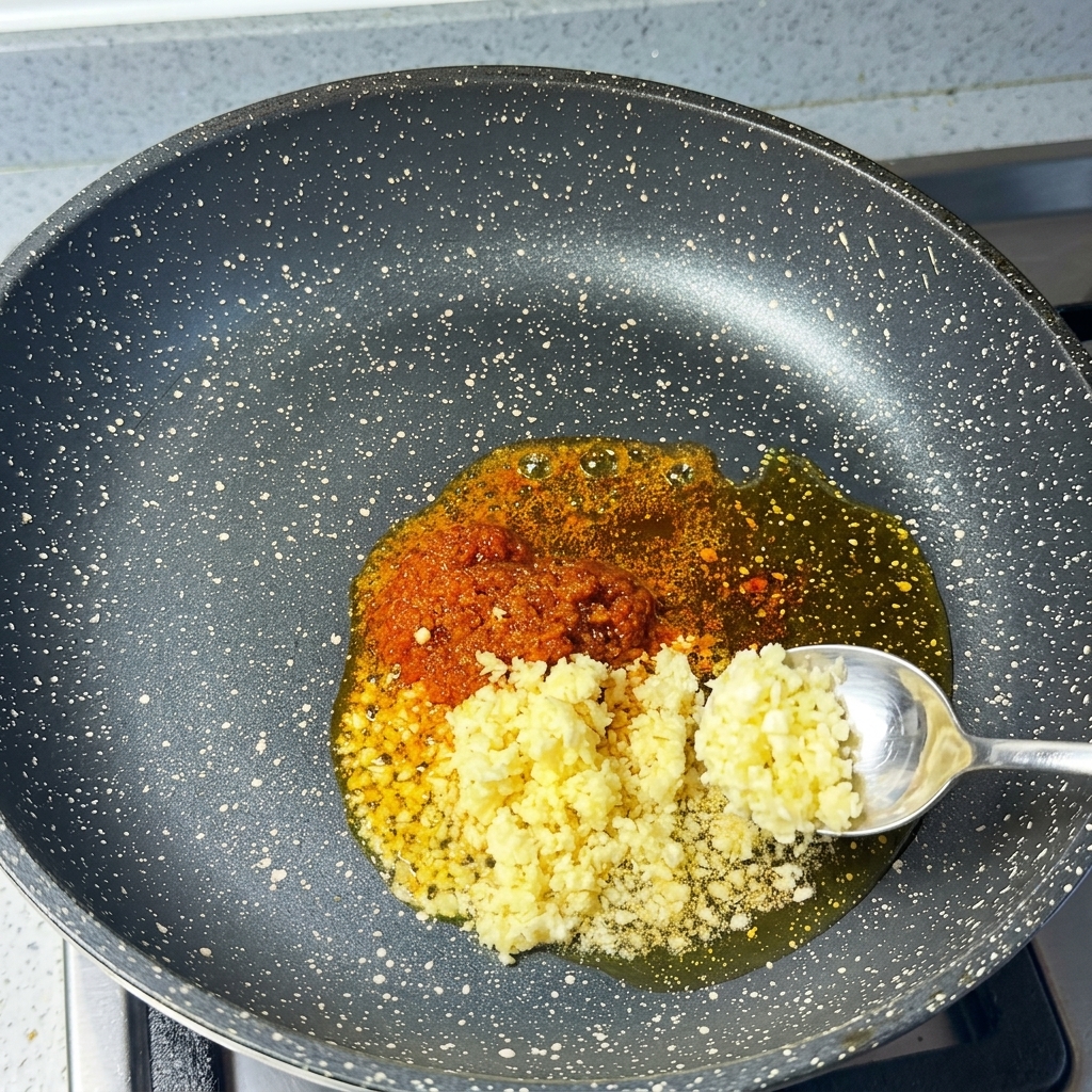 Ein Löffel gehackter Knoblauch neben Chilipaste in heißem Öl in einer Pfanne.