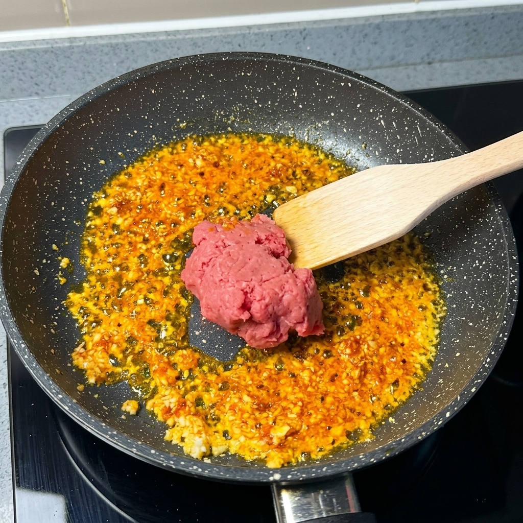 Rohes Schweinehack auf einem Holzspatel, das in eine Pfanne mit rotem Knoblauch-Chili-Öl gegeben wird.
