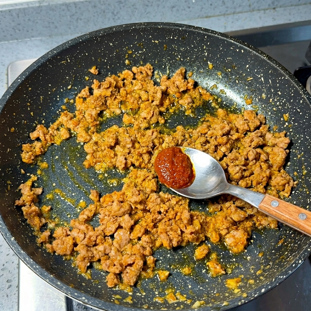 Ein Metalllöffel hält einen Klecks rote Miso-Paste über angebratenem Hackfleisch in einer Pfanne.