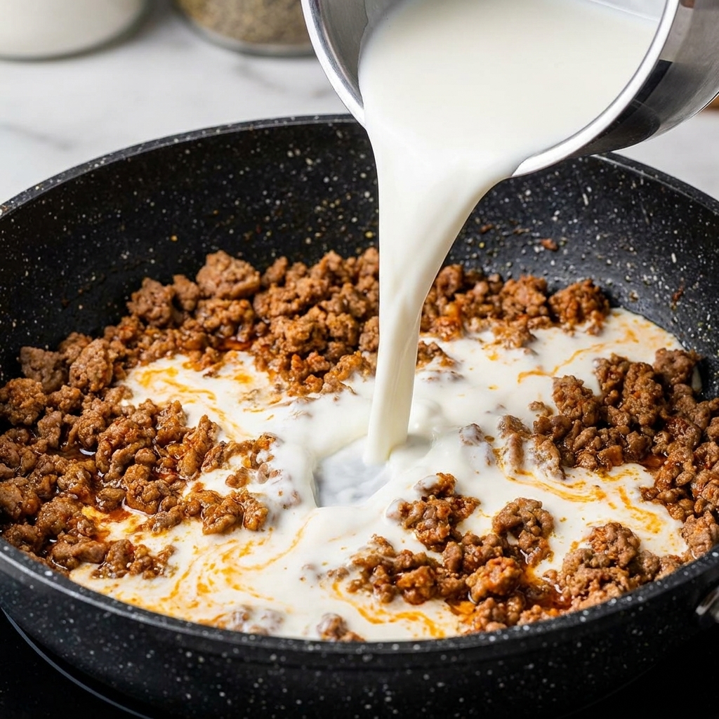Weiße Milch wird aus einem kleinen Silbertopf in eine Pfanne mit gewürztem Hackfleisch gegossen.