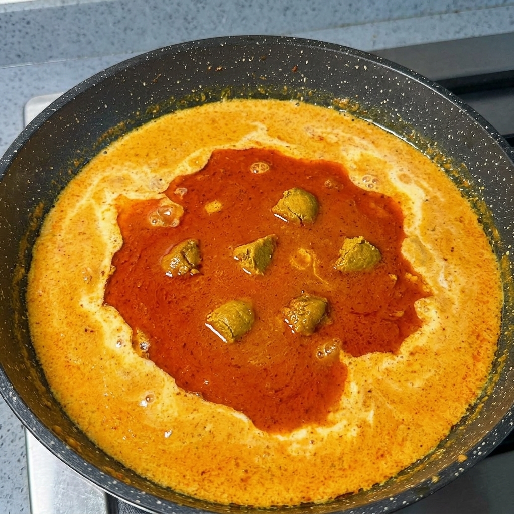 Stücke von festem Curry-Roux schmelzen in einer orangefarbenen, cremigen Brühe.