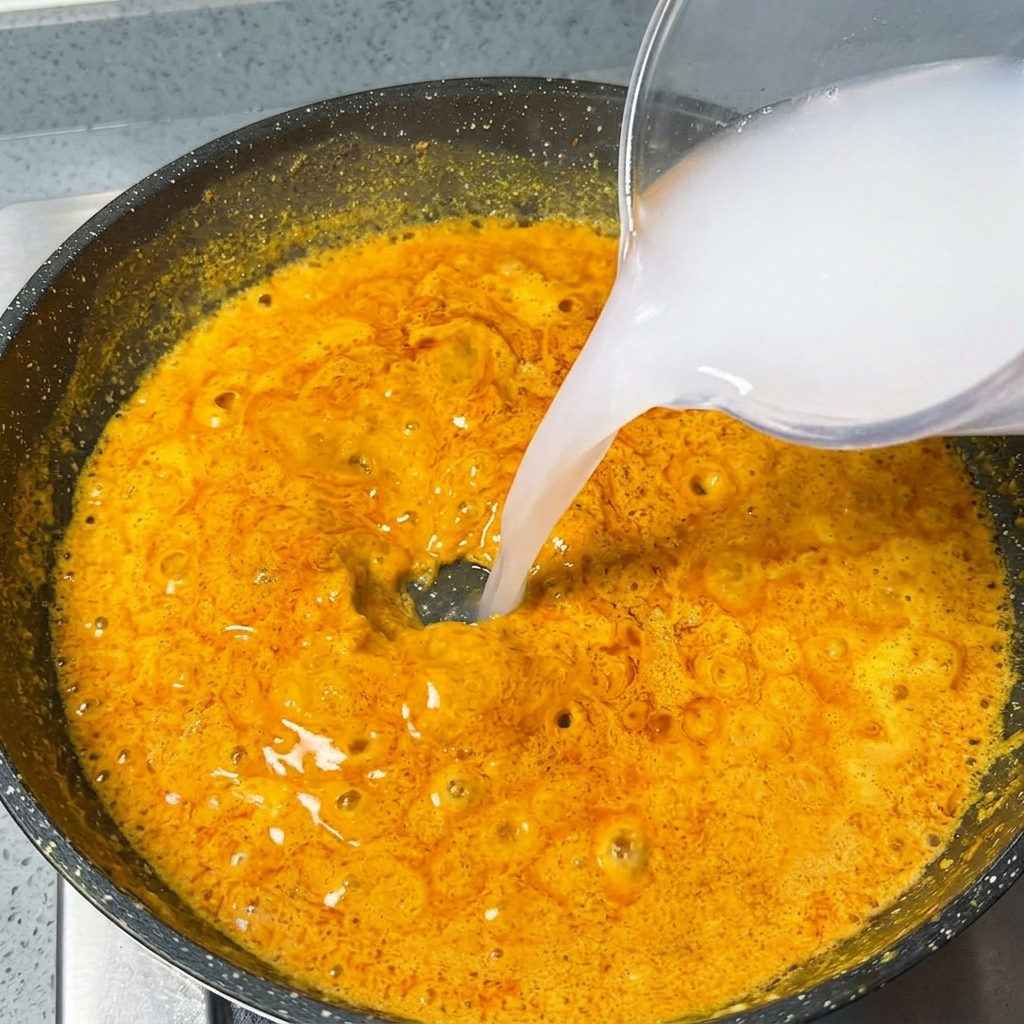 Wasser wird aus einem Messbecher in eine köchelnde orange Curry-Sauce gegossen.