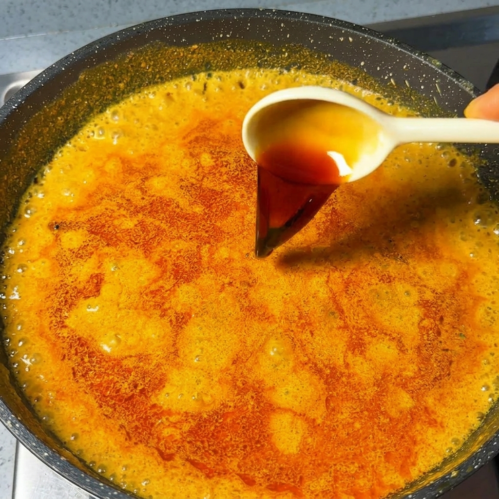 Ein weißer Löffel gießt dunkle Sojasauce in eine sprudelnde, kräftig orangefarbene Curry-Brühe.