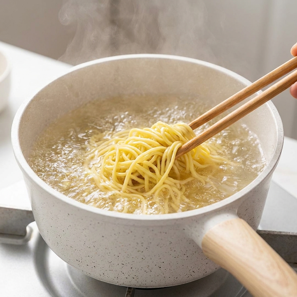 Gelbe Ramen-Nudeln werden mit Holzstäbchen in einem Topf mit kochendem Wasser angehoben.
