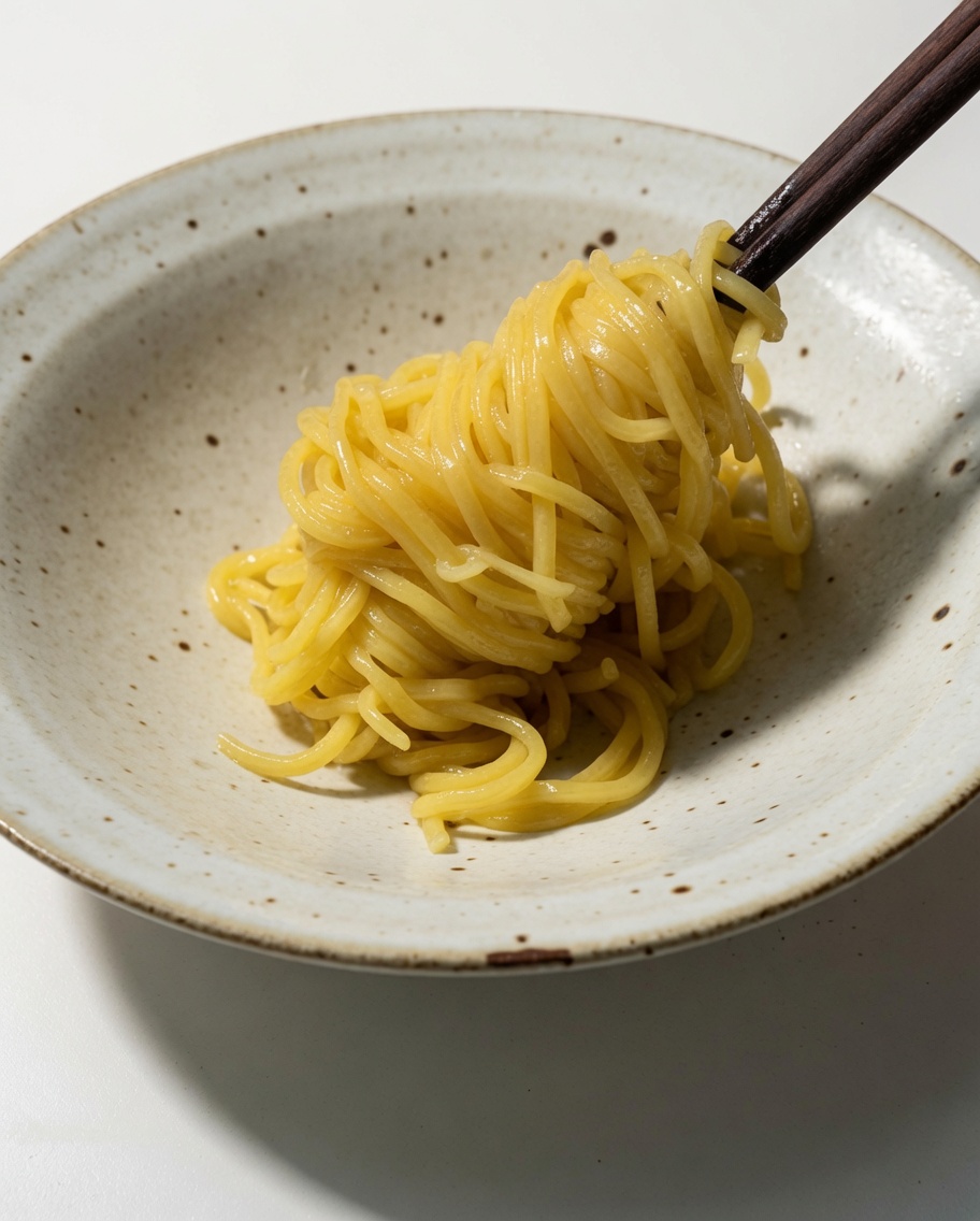 Gekochte gelbe Ramen-Nudeln werden mit dunklen Stäbchen in eine gesprenkelte Keramikschüssel gehoben.