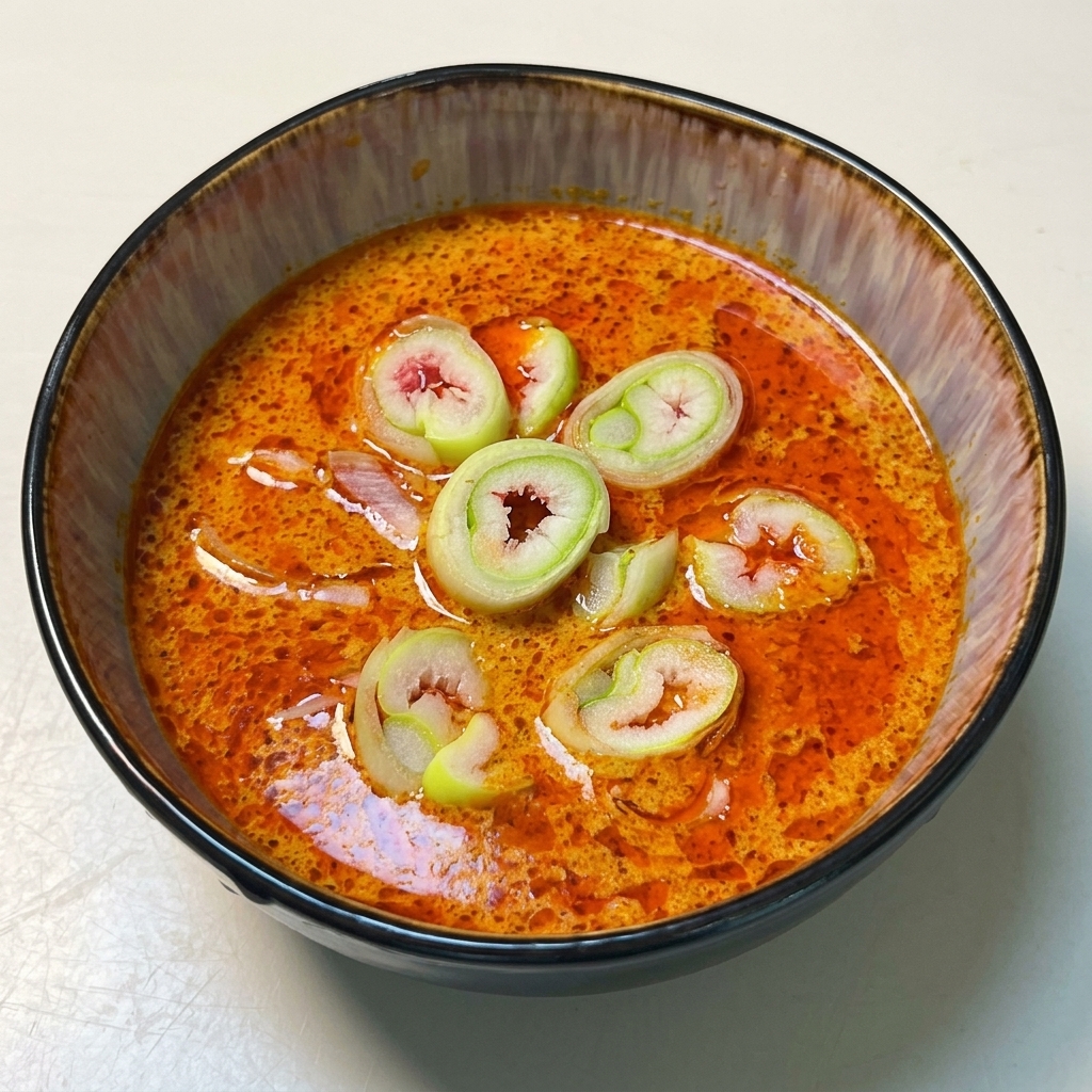 Eine Schüssel mit orange-brauner Curry-Dippsauce, garniert mit frischen Frühlingszwiebelringen.