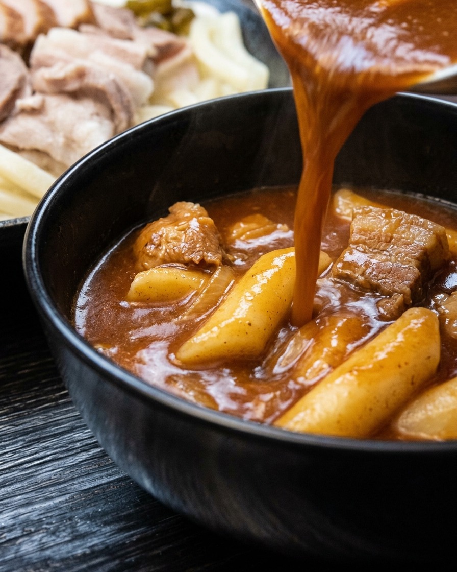 Heiße Curry-Dipsauce wird in eine schwarze Servierschüssel gegossen.