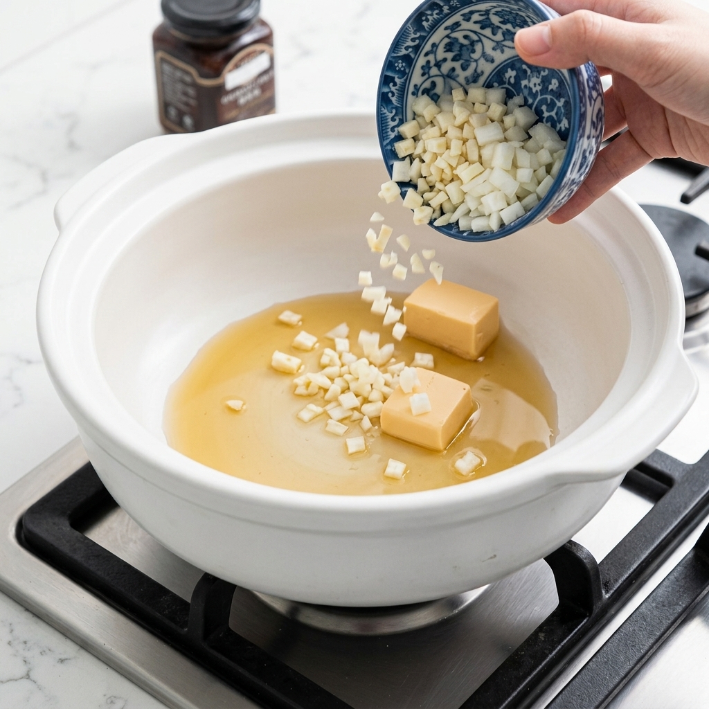 Gewürfelte Zwiebeln und gehackter Knoblauch werden aus einer blau-weiß gemusterten Schale in einen Tontopf mit geschmolzener Butter und Öl gegeben.