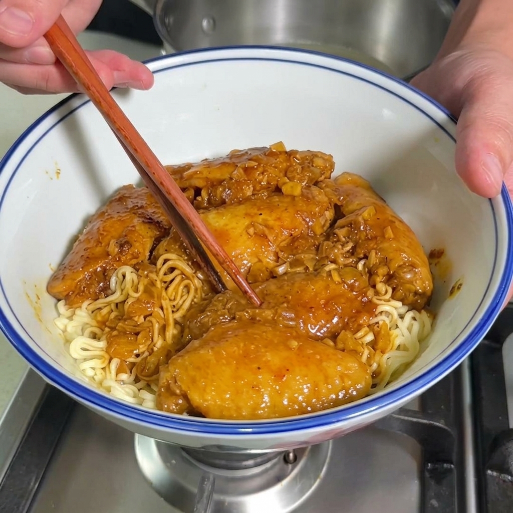 Nahaufnahme von Hähnchenflügeln, die in einer reichhaltigen, dicken Currysauce in einem Topf kochen, wobei Stäbchen die Mischung umrühren.