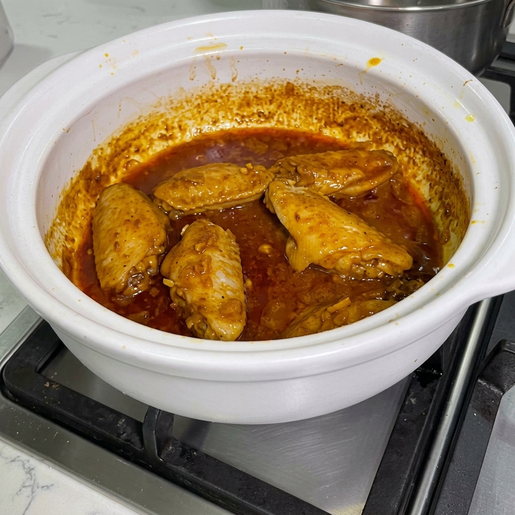 Satay-Sauce wird in die currybeschichteten Hähnchenflügel im Topf gerührt.