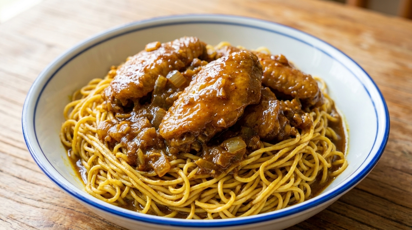 Macau-Stil Curry-Hähnchenflügel Lo Mein