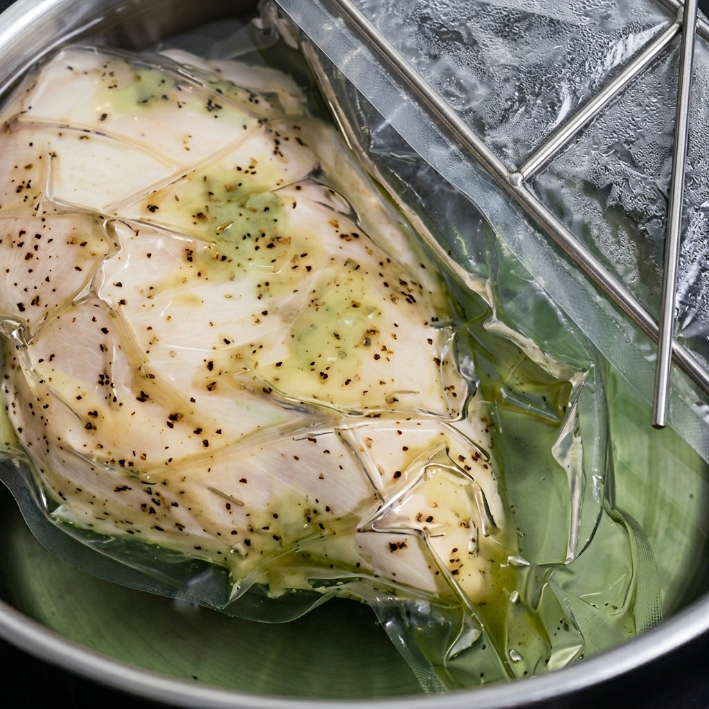 Ein großer Suppentopf mit kochender Hühnerbrühe, in dem ganze Hühnerteile und Aromaten gerührt werden.