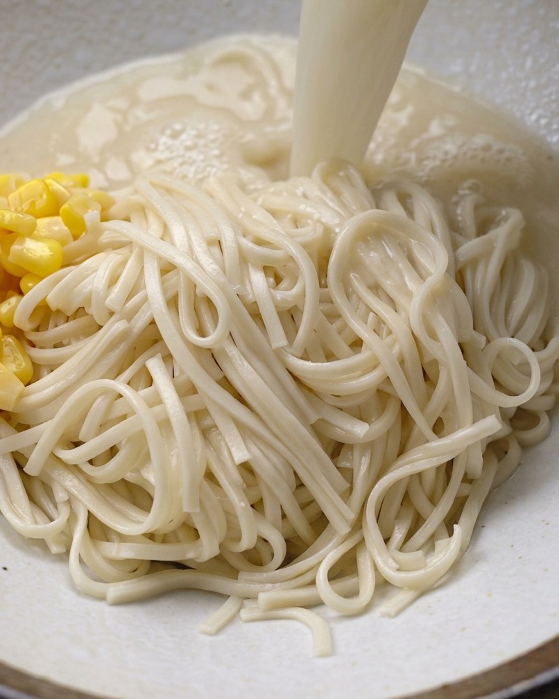 Reichhaltige, cremige Hühnerbrühe wird über eine Schüssel mit gekochten Ramen-Nudeln und Mais gegossen