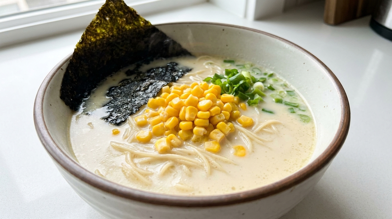 Eine Schüssel cremige, weiße Hühner-Ramen, garniert mit süßem Mais, Nori-Algen und frischen Frühlingszwiebeln.