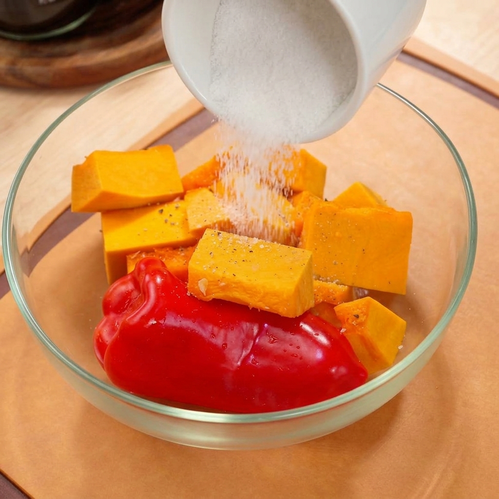 Kürbisstücke und eine ganze rote Paprika in einer Glasschüssel, werden gewürzt und mit Olivenöl beträufelt.
