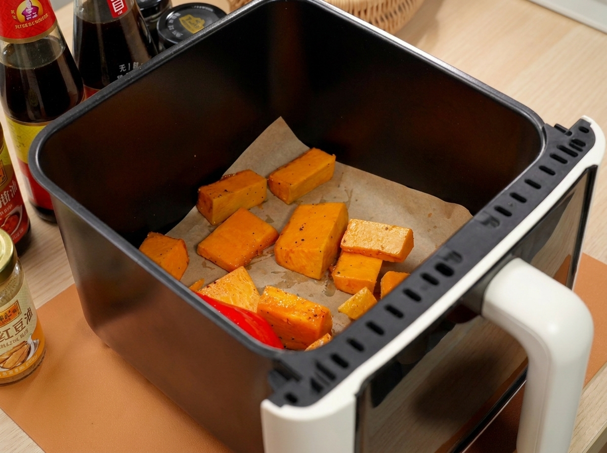 Gewürzte Kürbisstücke und eine rote Paprika ordentlich in einem Airfryer-Korb verteilt.