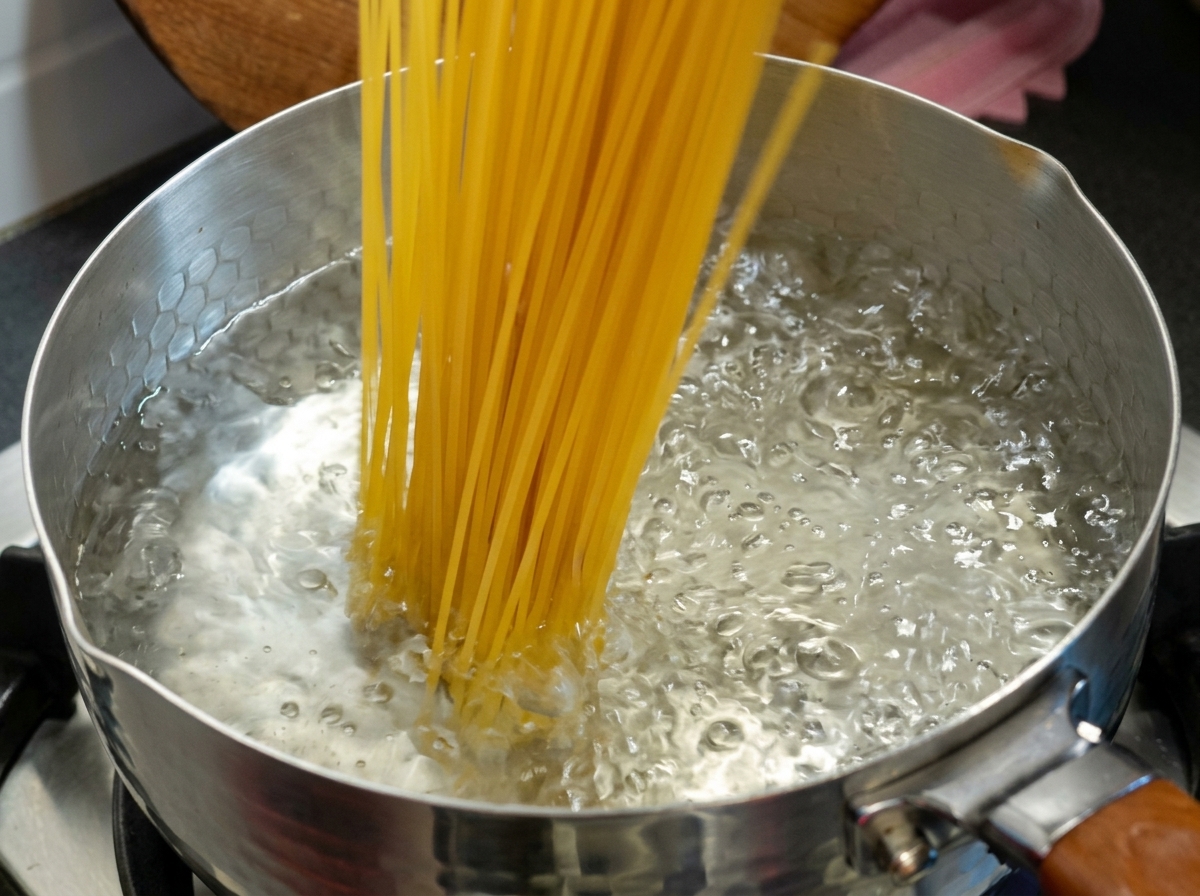 Lange Spaghetti-Nudeln werden in einen Topf mit sprudelnd kochendem Wasser gegeben.
