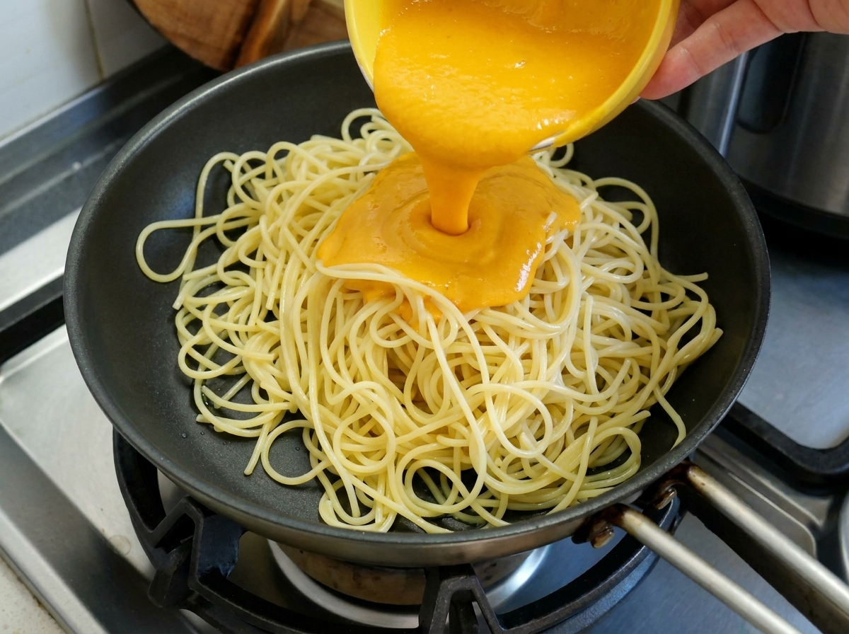 Glatte, leuchtend orangefarbene Kürbis-Sauce wird aus einer gelben Schüssel über gekochte Spaghetti in einer schwarzen Pfanne gegossen.