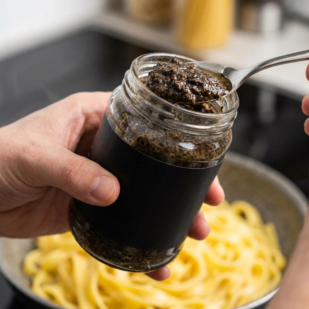 Eine Hand hält ein Glas und einen Löffel mit dunkler schwarzer Trüffel-Sauce über eine Pfanne mit cremiger Kürbis-Pasta.