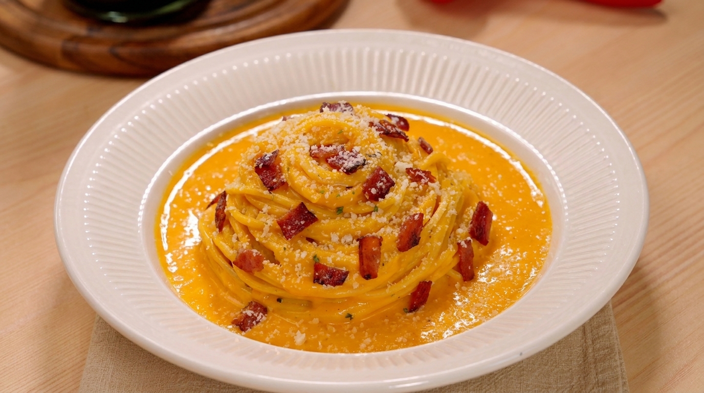 Ein Teller mit cremiger Kürbis-Pasta, garniert mit knusprigem Speck, geriebenem Käse und frischer Petersilie.
