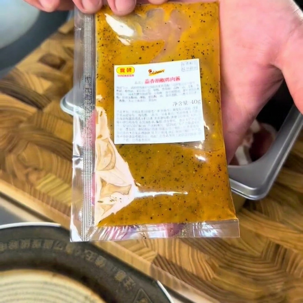 Knoblauch-Pfeffer-BBQ-Sauce wird über rohe Rindfleischscheiben in einer Metallschüssel gegeben.