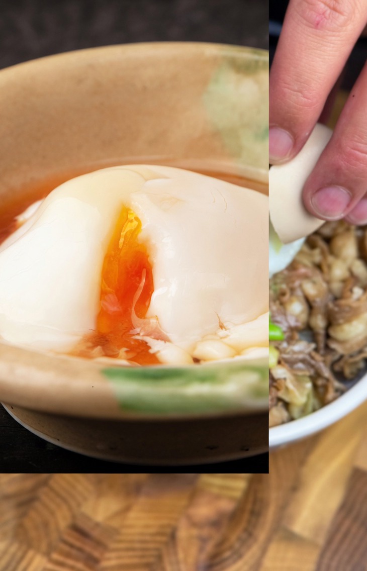 Ein perfekt gekochtes Onsen-Ei wird in die Mitte einer heißen Rindfleisch-Bowl gegeben.
