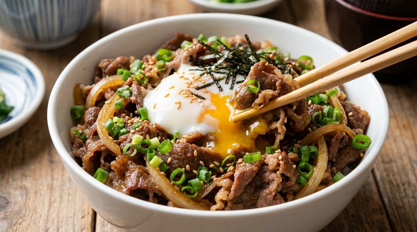 Schnelle Gyudon Beef Bowl mit Frühlingszwiebeln
