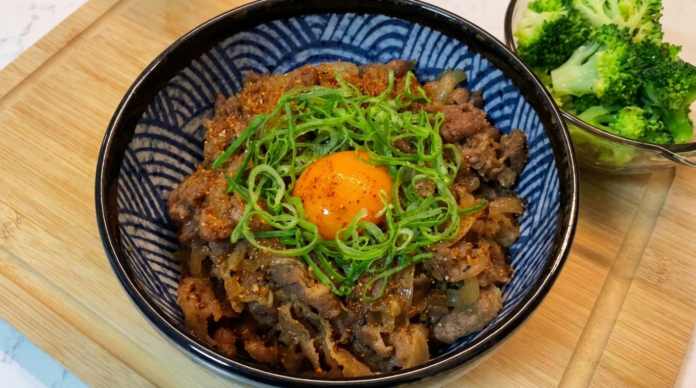 Eine authentische Gyudon-Bowl, serviert mit einem rohen Eigelb, frischen Frühlingszwiebeln und Shichimi-Gewürz, begleitet von gedämpftem Brokkoli.