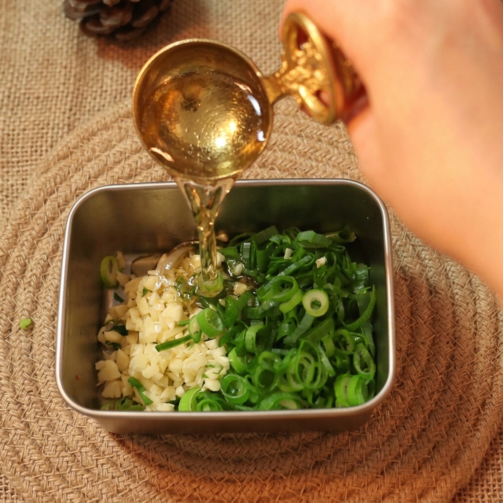Heißes Öl wird mit einem goldenen Löffel über frisch gehackte Frühlingszwiebeln und Knoblauch gegossen.