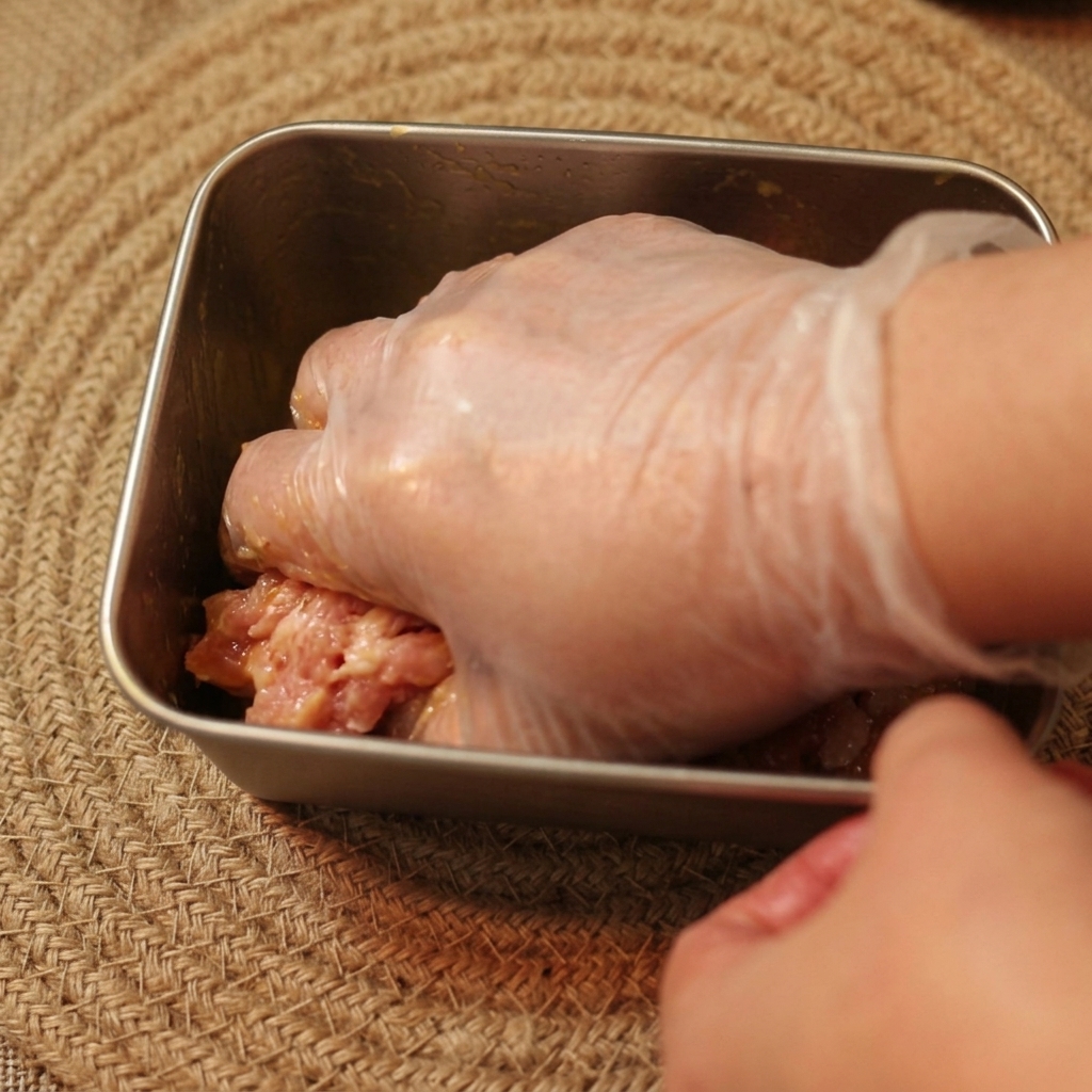Eine behandschuhte Hand massiert gründlich ein rohes Eigelb in Rindfleischstreifen ein.