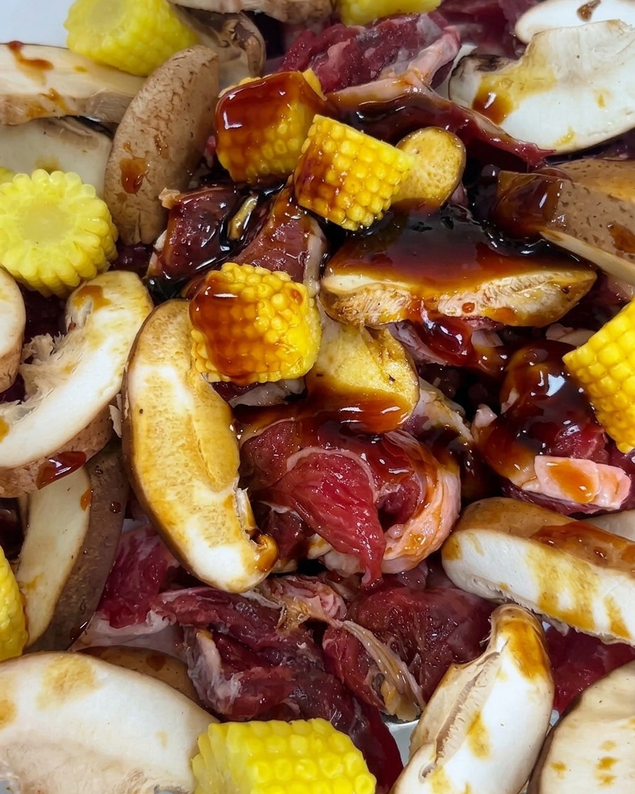 Salz, Zucker, Pfeffer und Knoblauch über dem marinierten Fleisch.