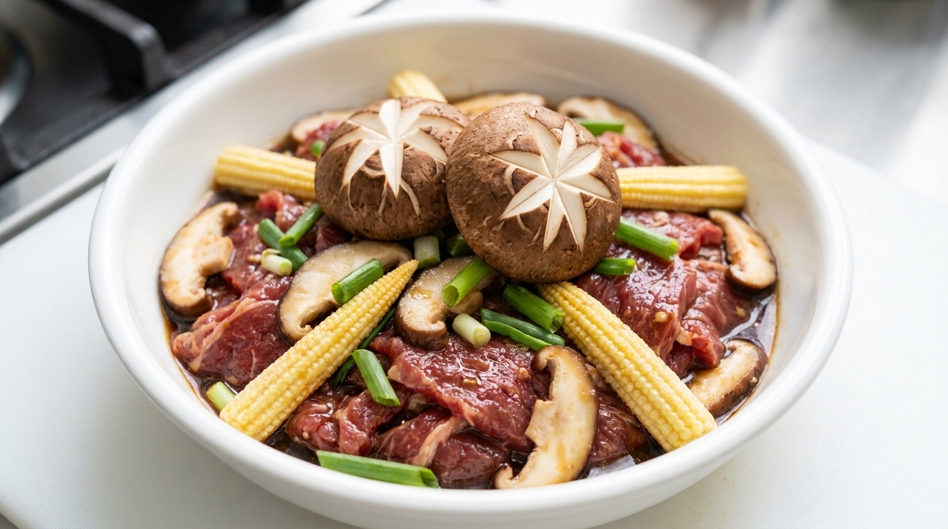 Eine Schüssel mit mariniertem, rohem Rindfleisch, garniert mit Shiitake-Pilzen, Babymais und frischen Frühlingszwiebeln.