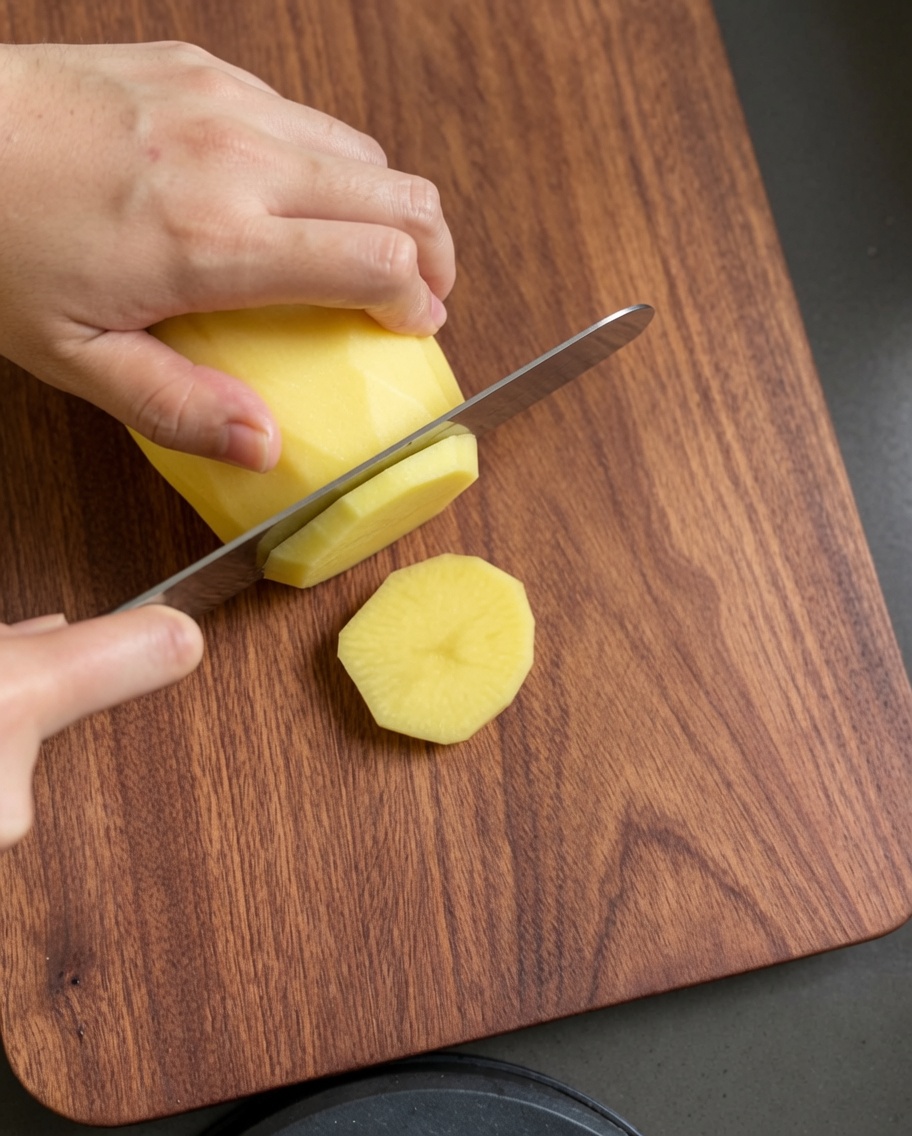 Dünne rohe Kartoffelscheiben werden auf einem Holzschneidebrett geschnitten.