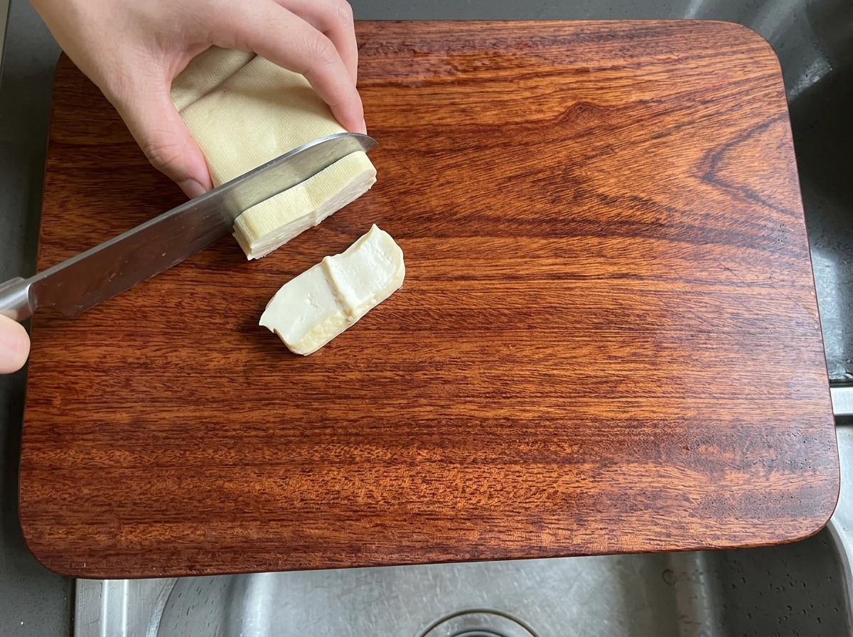 Ein Block fester weißer Tofu wird auf einem Holzschneidebrett in Streifen geschnitten.