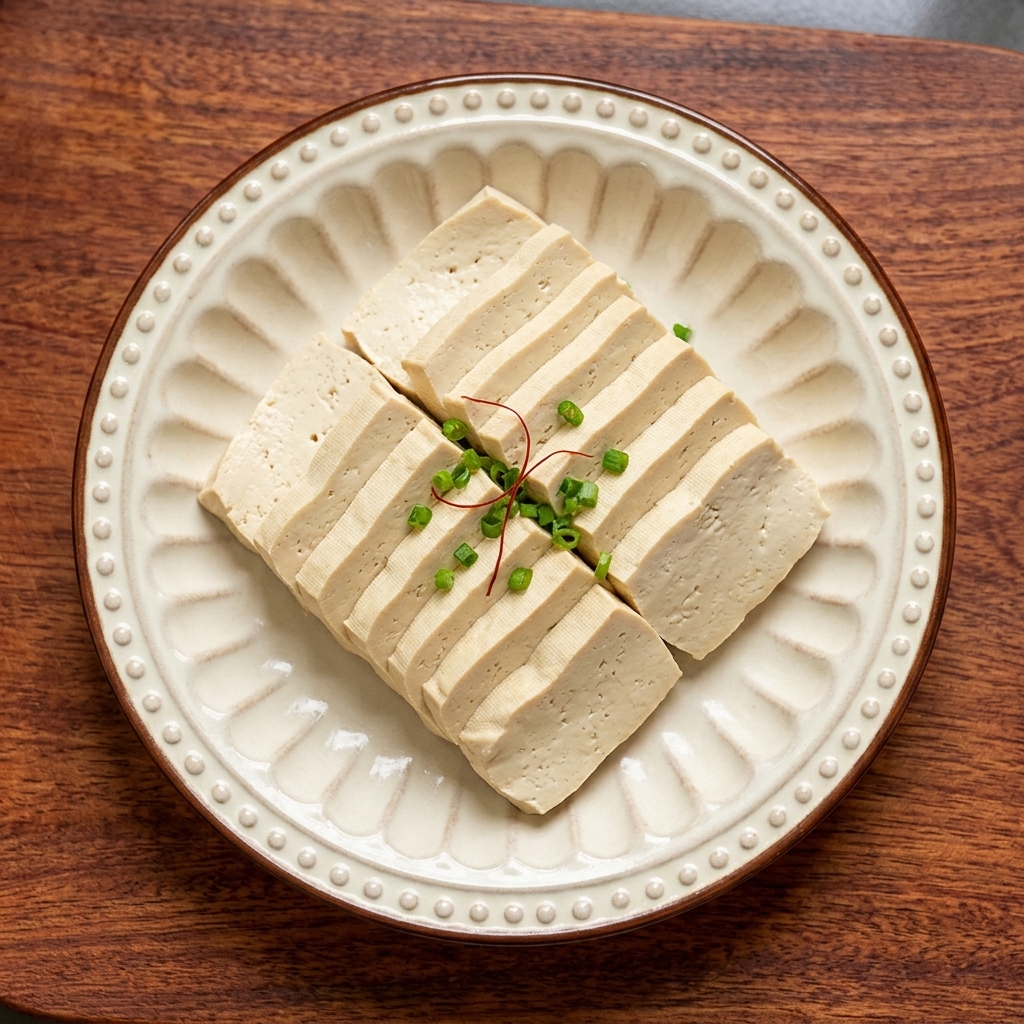 Scheiben aus festem Tofu, sauber angeordnet auf einem dekorativen weißen Keramikteller, bereit zum Grillen.