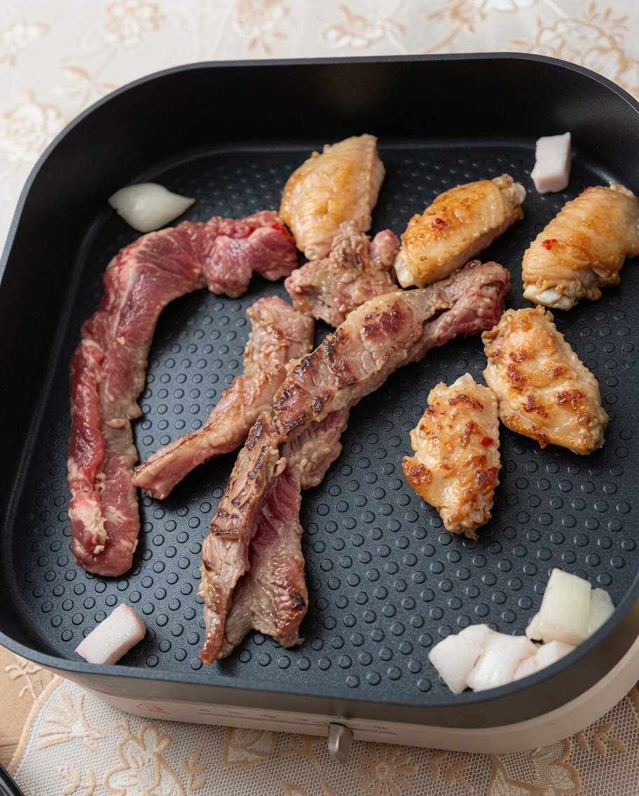 In Streifen geschnittenes mariniertes Rindfleisch und Hähnchenflügel auf einem quadratischen elektrischen Kontaktgrill.