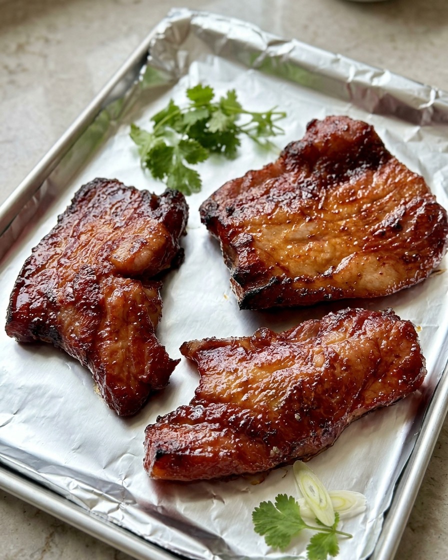 Ein Silikonpinsel trägt eine glänzende Honigschicht auf die Oberfläche von gebräunten, in der Heißluftfritteuse gegarten Schweinebauchstreifen auf.