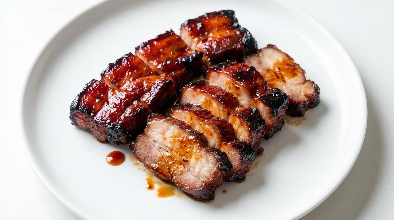 Scheiben von zartem, honig-glasiertem Char Siu Schweinebauch mit karamellisiertem Finish.