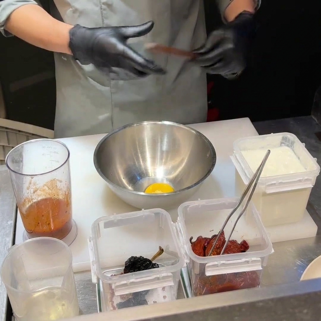 Emulgieren von Eigelb, Parmesan und Chili-Basis mit Öl in einer Edelstahlschüssel.