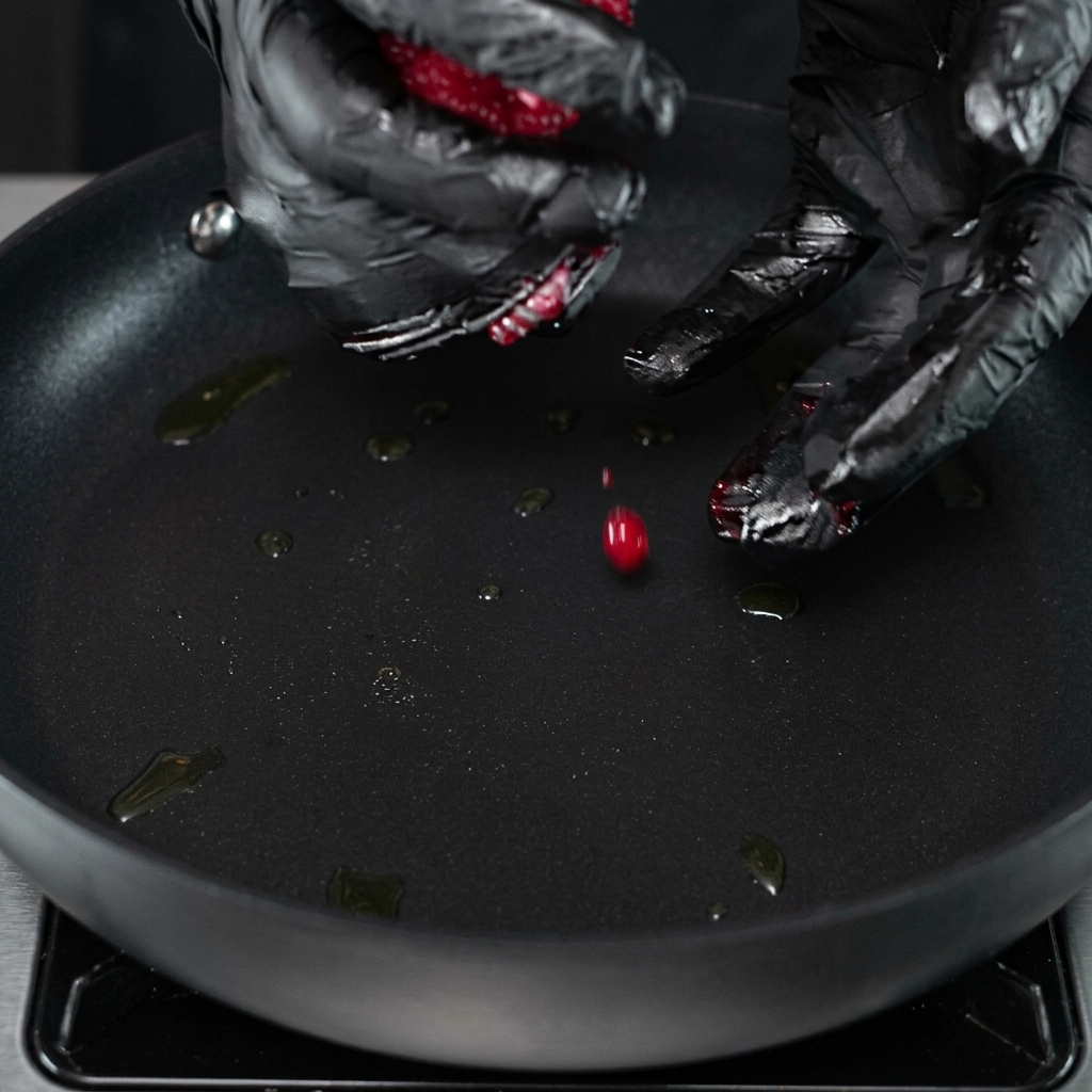 Eine rohe Rinderhackfleischkugel wird in eine erhitzte, gewürzte Pfanne gelegt.