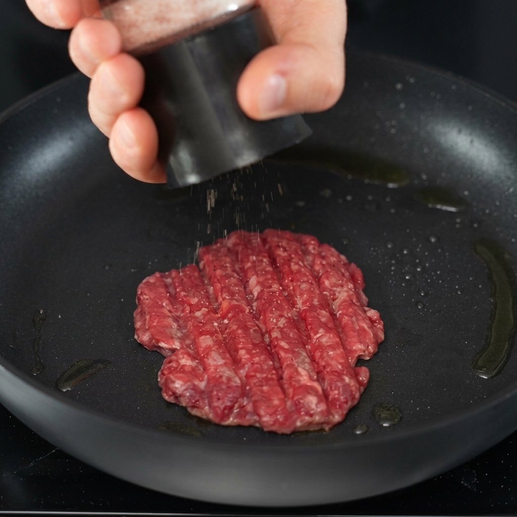 Salz und Pfeffer werden direkt über ein scharf angebratenes Rindfleisch-Patty in der Pfanne gemahlen.