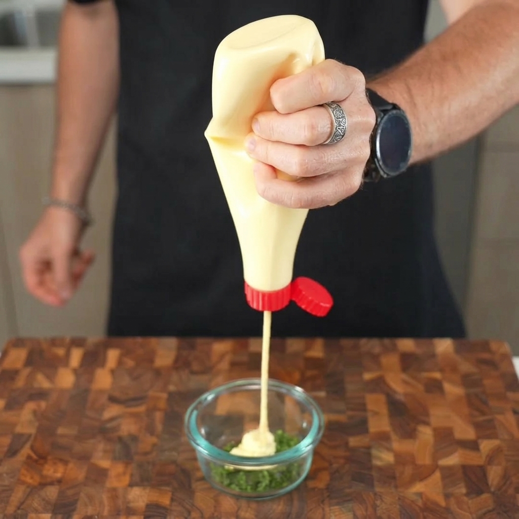 Mayonnaise, Senf und Limettensaft werden in einer kleinen Glasschale mit frischen Kräutern vermischt.