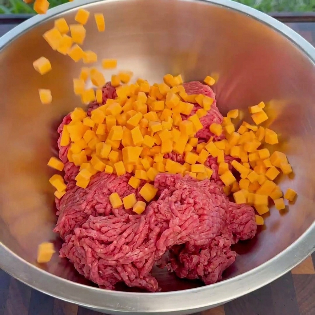 Cheddar-Käsewürfel werden in eine Edelstahlschüssel mit Rinderhackfleisch gegeben.