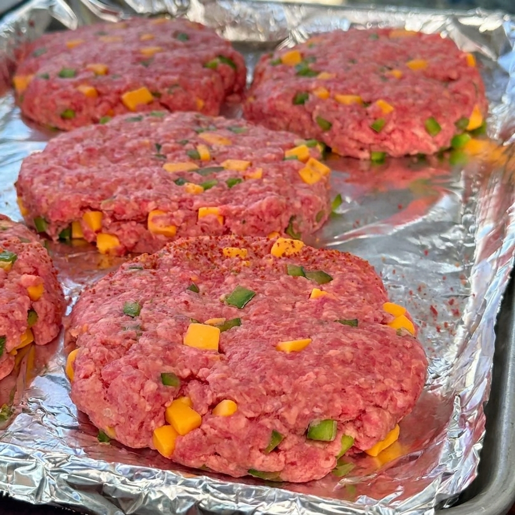 Vier rohe Rinder-Patties mit Käse und Paprika, leicht mit rotem BBQ-Rub bestreut, auf einem mit Folie ausgelegten Blech.