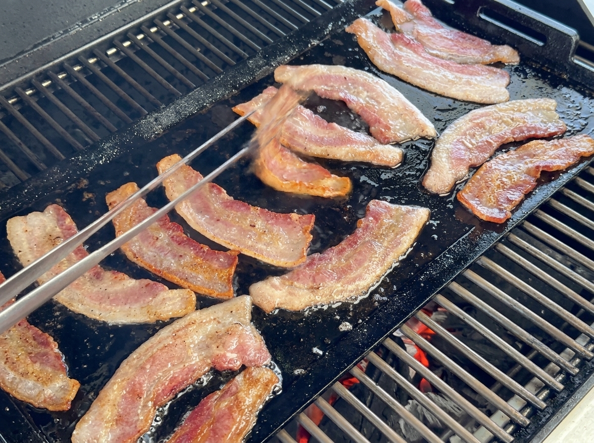 Dick geschnittene Speckstreifen braten auf einer gusseisernen Grillplatte und werden mit einer Metallzange gewendet.