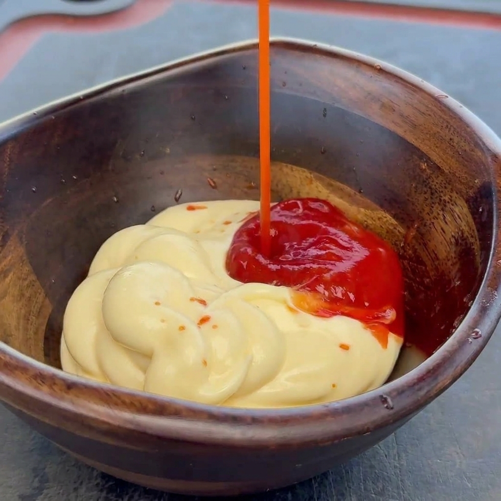 Roter Ketchup wird in eine kleine Holzschüssel mit cremiger Mayonnaise gegossen.