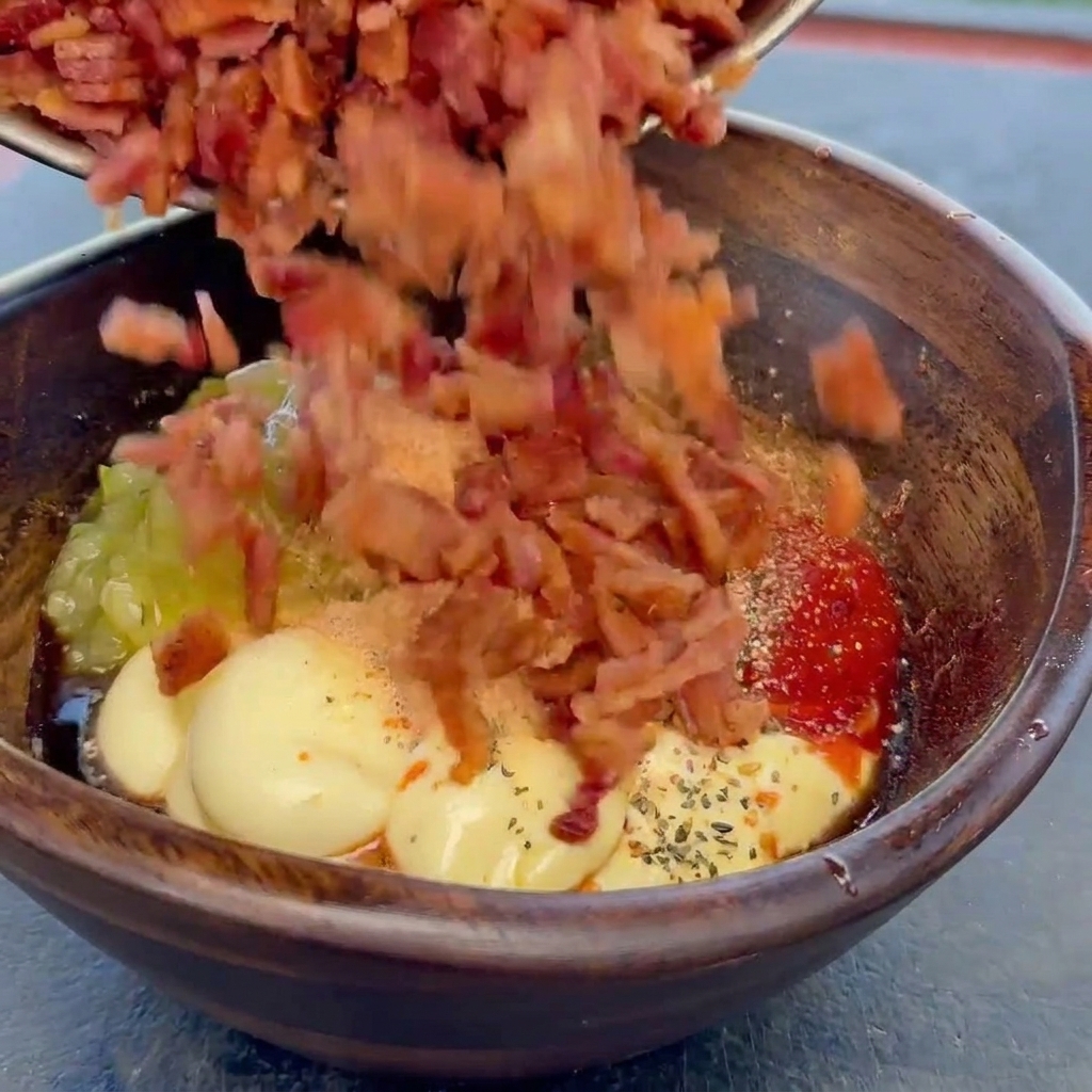 Gehackte knusprige Speckstücke fallen in eine Holzschüssel mit gewürzter, cremiger Burgersauce.